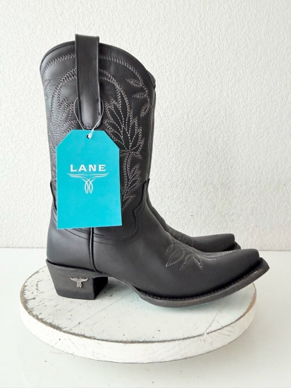 Lane SANDAGA Midi Black Cowboy Boots Cowgirl Western Mid Calf Snip Toe Size 7 - Picture 2 of 11